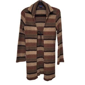 Monteau Brown Stripe Long Cardigan Sweater Duster Boho Grandpacore